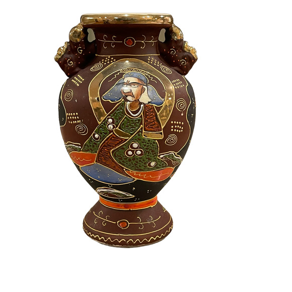 Vintage Japanese Hand Painted Moriage Vase 7.5" Tall Brown Blue Handles‎ - Picture 3 of 6